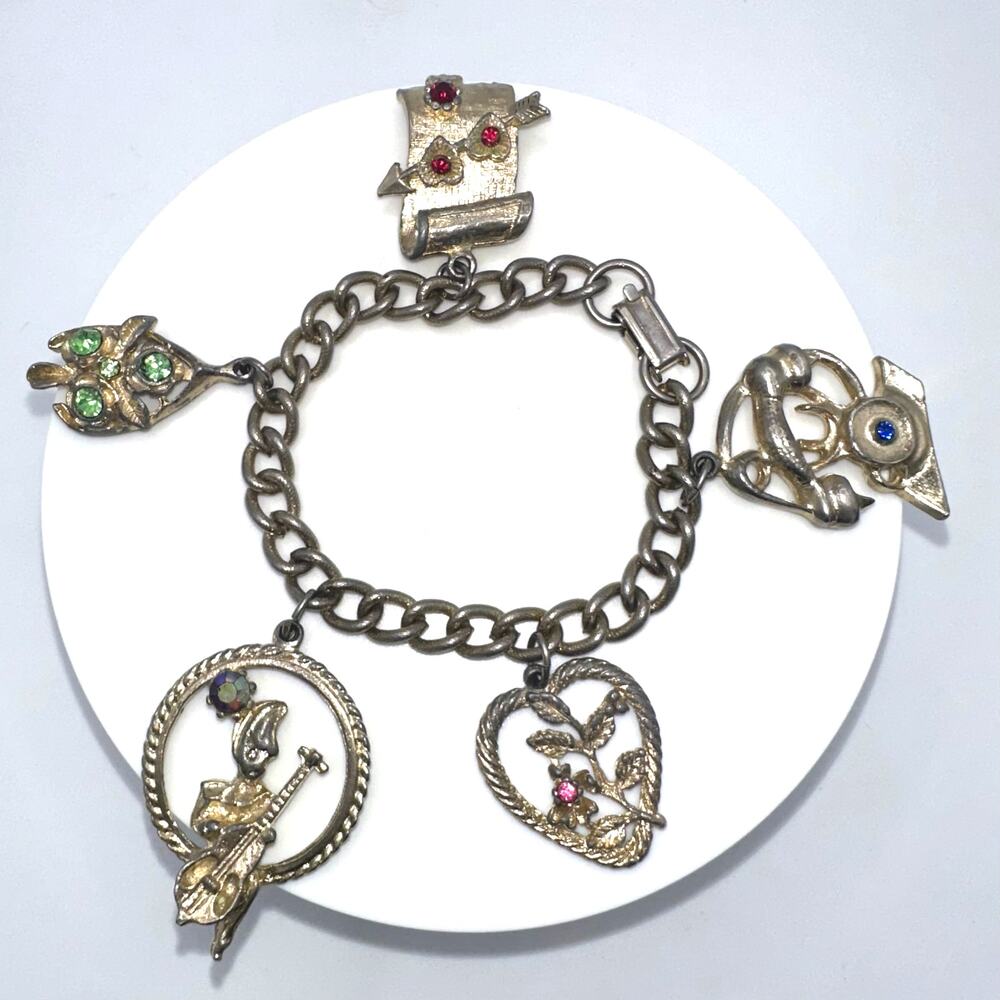 Vintage gold tone multicolor rhinestones chunky statement charms chain bracelet